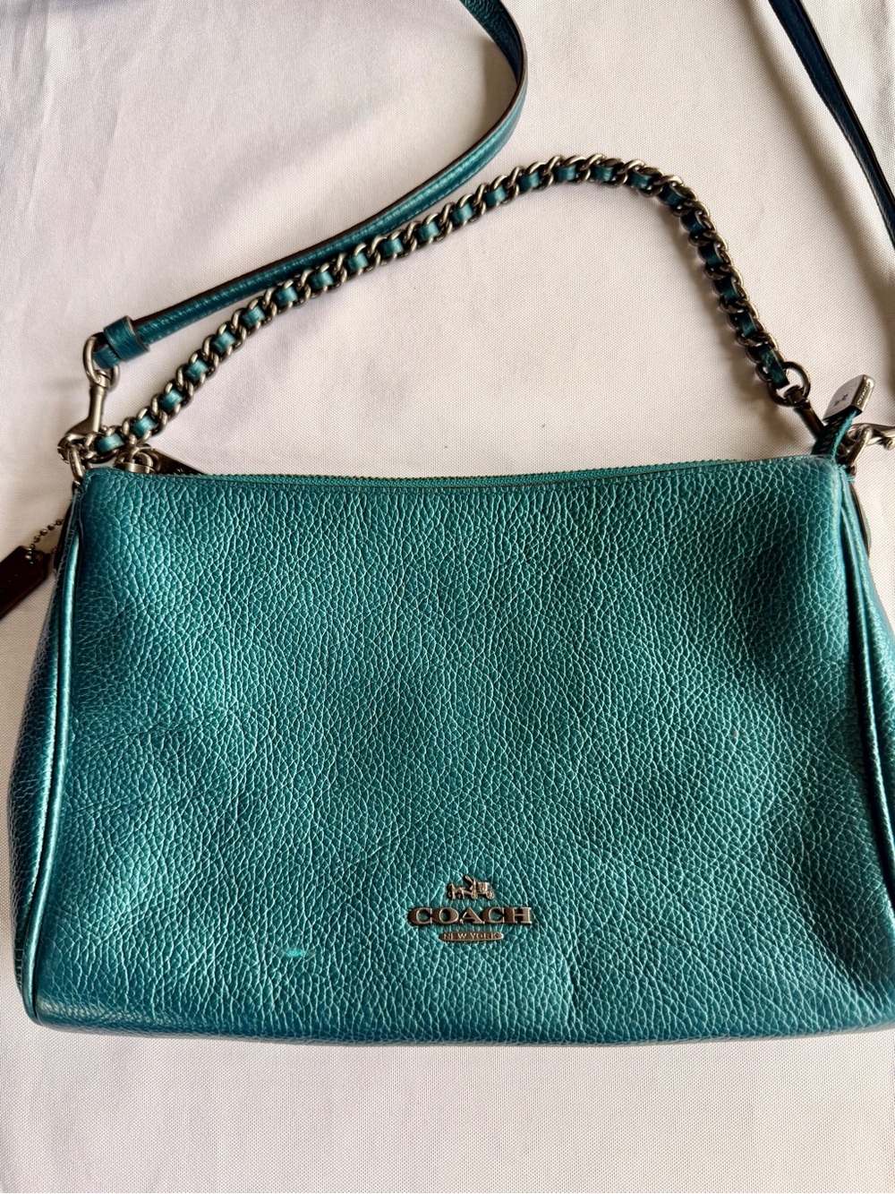 Coach Carrie No F22207 Metallic Teal Crossbody Gunmetal Chain Hardware